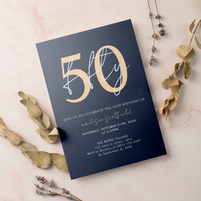 Invitation Chic Simple Minimaliste Blue Gold 50e anniversaire (Créateur téléchargé)