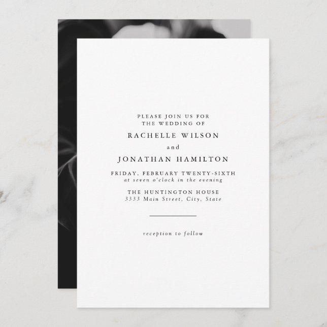 Invitation Chic simple photo noir blanc Mariage Monogramme (Devant / Derrière)