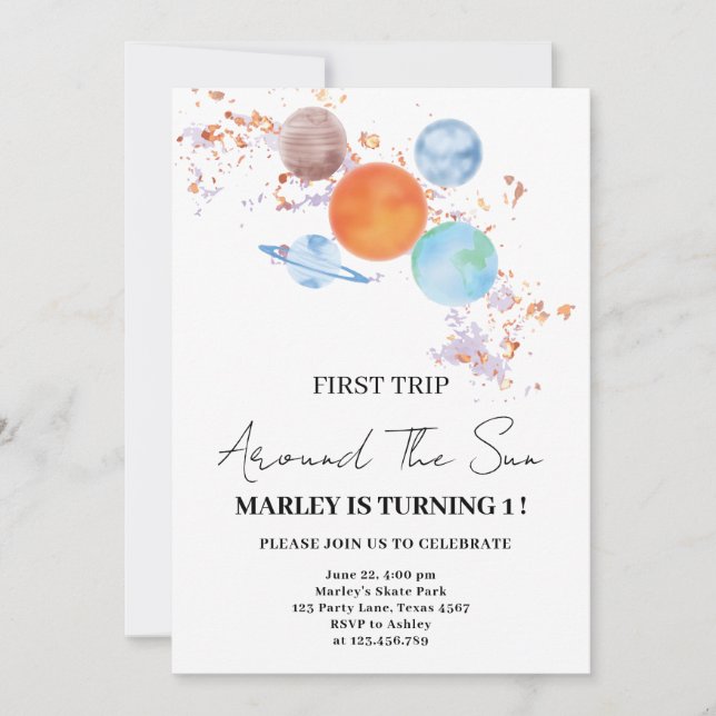 Invitation chic simple Premier voyage autour du Soleil 1er An (Devant)