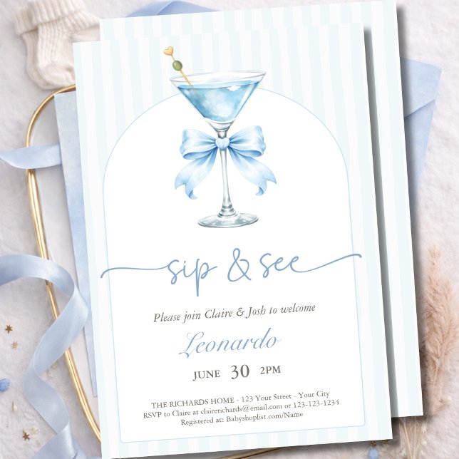 Invitation Chic Sip and See Rayures Bleu Poussiéreux Bébé Arc (Créateur téléchargé)