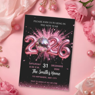 Invitation Chic Soirée du Nouvel An 2026 Rose Paillettes Noir
