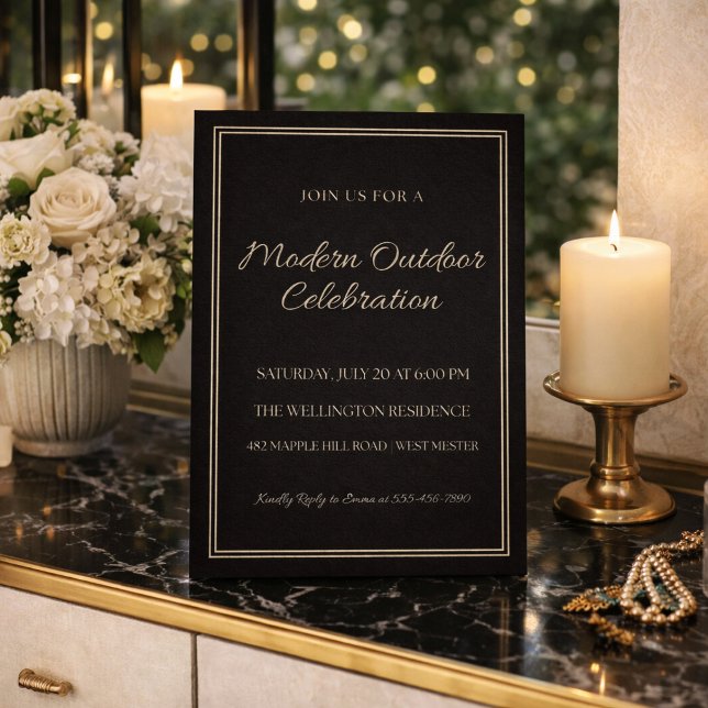 Invitation Chic Soirée Ivoire Noir (Black and ivory layout with clean lines for a refined evening backyard celebration)