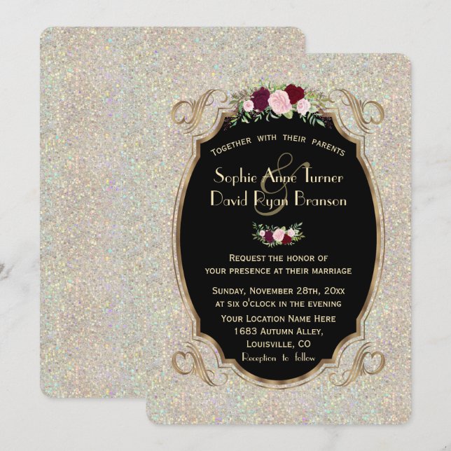 Invitation Chic Sparkles Gold Sequins Floral Wedding Invite (Devant / Derrière)