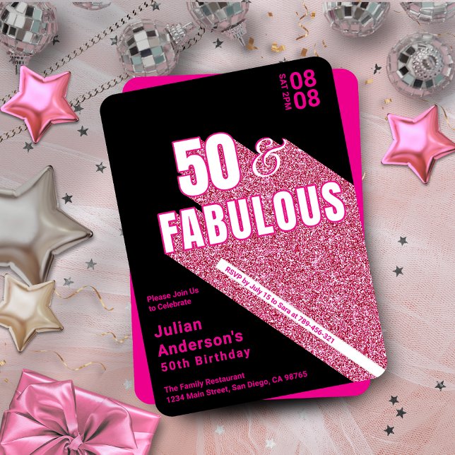 Invitation Chic Sparkling Black & Pink Fabuleux 50e anniversa (Chic Sparkling Black & Pink Fabulous 50th Birthday Invitation)