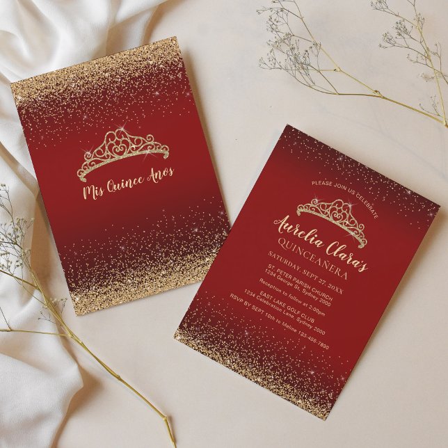 Invitation Chic Sparkling Red Gold Parties scintillant Tiara  (Créateur téléchargé)