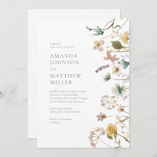 Invitation Chic Spring Delicate Mariage de fleurs pressées (Devant / Derrière)