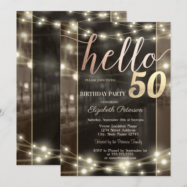Invitation Chic String Lights Black 50th Birthday Party (Devant / Derrière)
