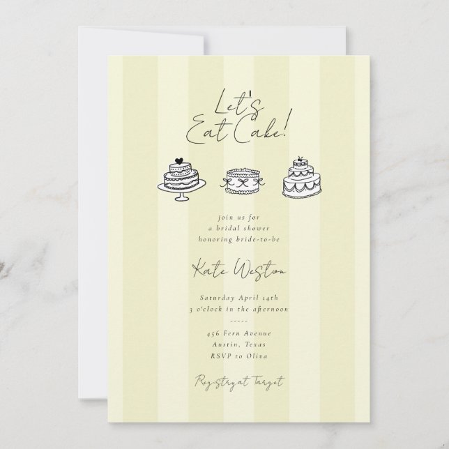 Invitation Chic Striped Let’s Eat Cake Yellow Bridal Shower (Devant)