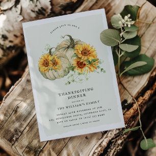Invitation Chic Sunflower Blanc Citrouilles Thanksgiving Dîne
