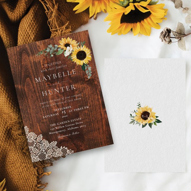 Invitation Chic Sunflower dentelle & Mariage Woodgrain (Chic Yellow Sunflowers Lace & Woodgrain Wedding Invitation)