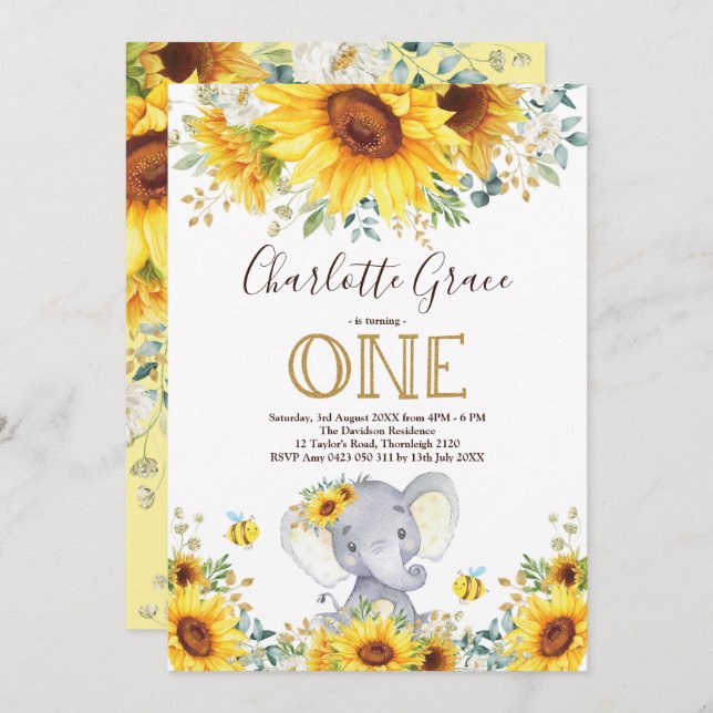 Invitation Chic Sunflower Elephant Green Or 1er anniversaire (Devant / Derrière)
