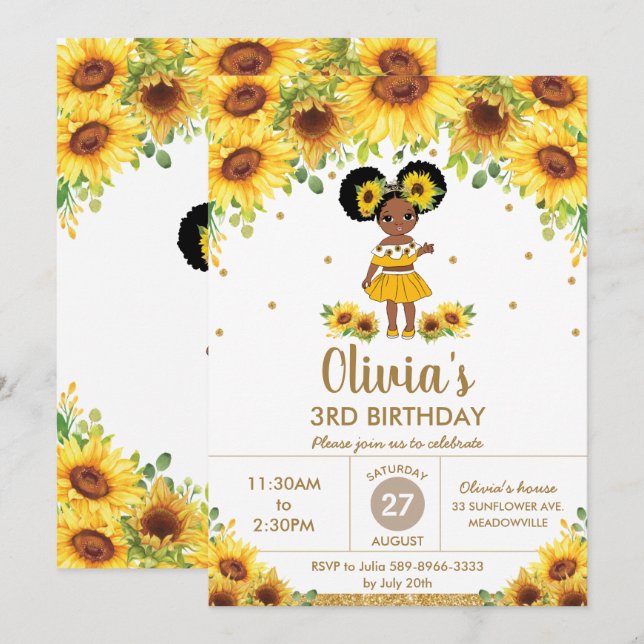 Invitation Chic Sunflower mignonne Africaine Américaine Fille (Devant / Derrière)