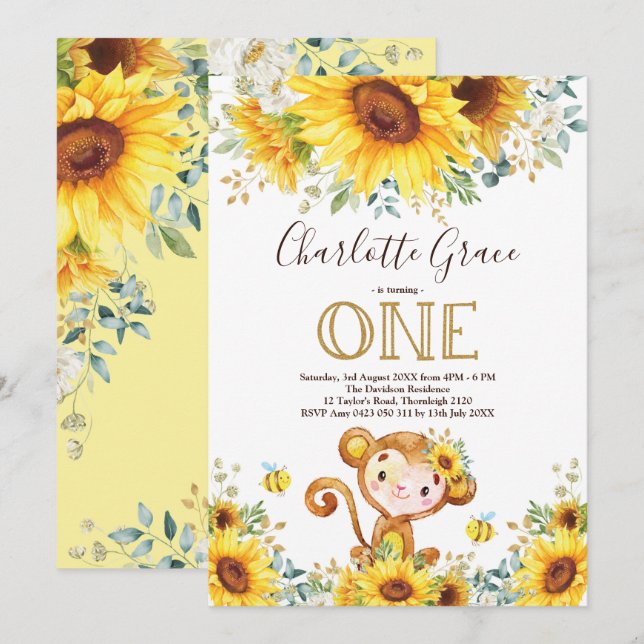 Invitation Chic Sunflower Monkey Greenery Or 1er anniversaire (Devant / Derrière)