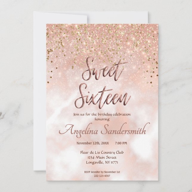 Invitation Chic Sweet 16 Blush Rose Rose Parties scintillant  (Devant)