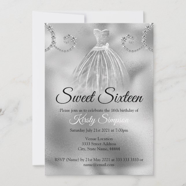 Invitation Chic Sweet sixteen de diamants de la fibre d'argen (Devant)
