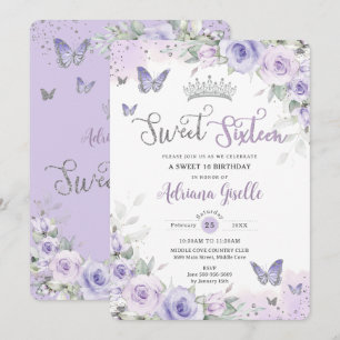 Invitation Chic Sweet sixteen de papillons floraux violets 16