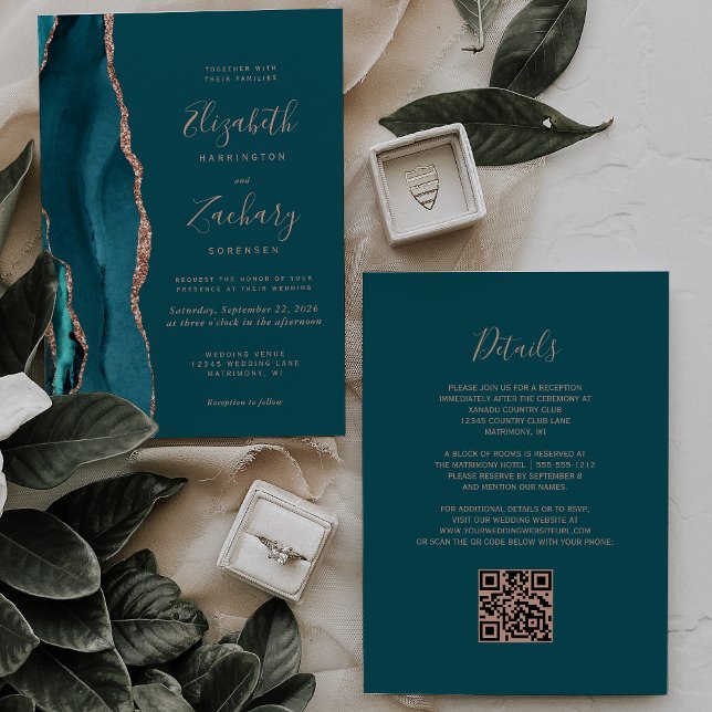 Invitation Chic Teal Rose Gold Agate QR Code Wedding (Créateur téléchargé)