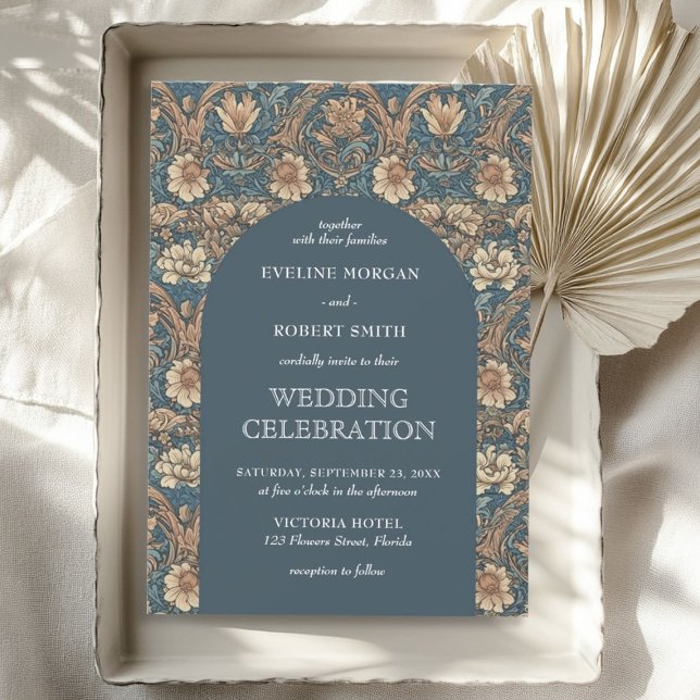 Invitation Chic teintes brun ivoire bleu foncé Nouveau (Chic brown hues dusty blue ivory floral Nouveau Invitation)