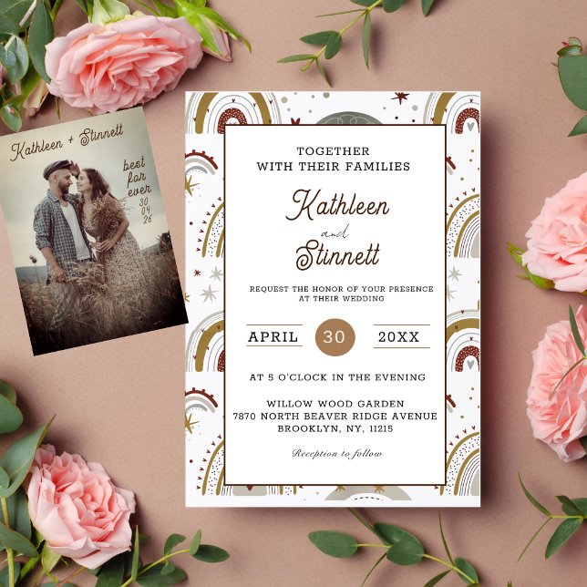 Invitation Chic Terracotta Bold Bright Boho Rainbow mariage (This wedding invitation is a rainbow of boho beauty, with terracotta colors and a modern design.)
