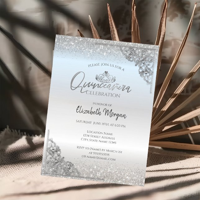 Invitation Chic Tiara Argent, Cadre Poussière Argent Quinceañ (Créateur téléchargé)