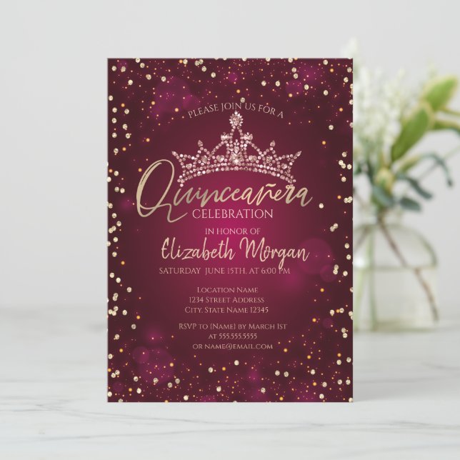 Invitation Chic Tiara, Diamonds Bourgogne Quinceañera (Debout devant)
