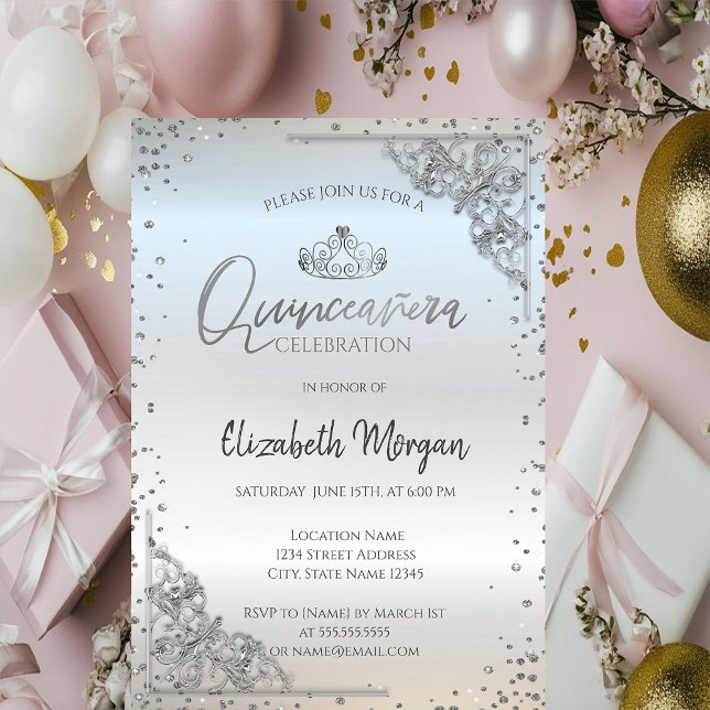 Invitation Chic Tiara en argent, Diamonds Quinceañera (Créateur téléchargé)