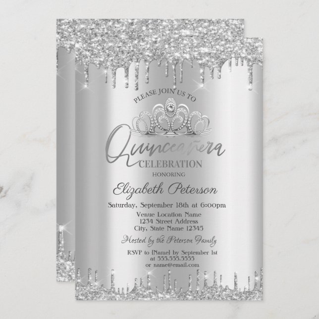 Invitation Chic Tiara, Parties scintillant Argent Drops Quinc (Devant / Derrière)