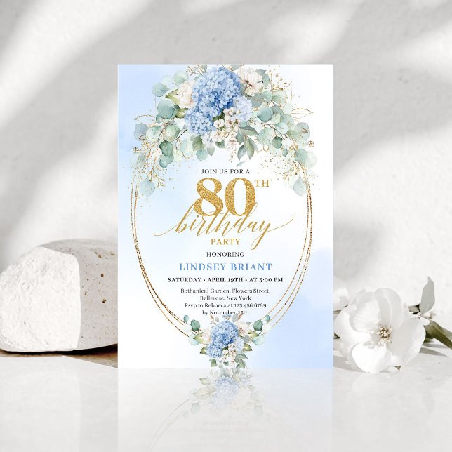 Invitation Chic Timeless Blue Hydrangea Floral 80e Anniversai (Chic Timeless Blue Hydrangea Floral 80th Birthday Invitation )