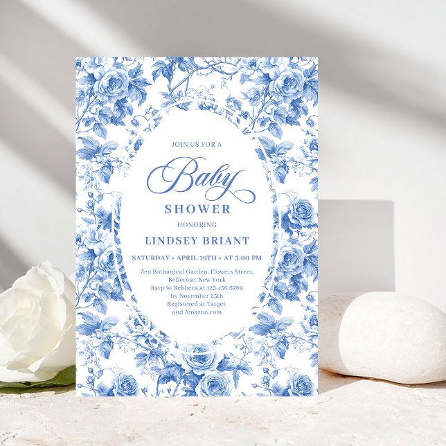Invitation Chic Timeless Royal Blue Toile de Jouy Baby Shower (Timeless Royal Blue Toile de Jouy Baby Shower Invite)