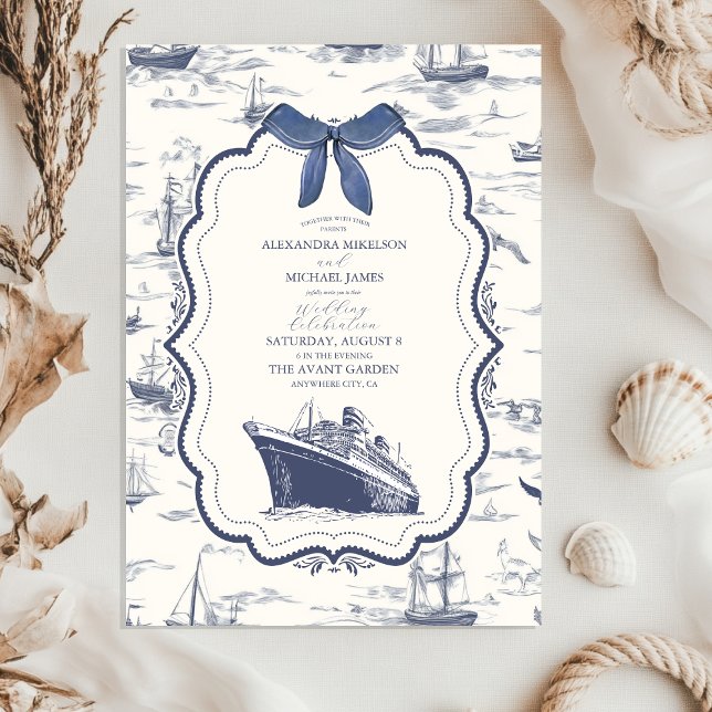 Invitation Chic Toile Nautique de Jouy Bow Mariage (Créateur téléchargé)