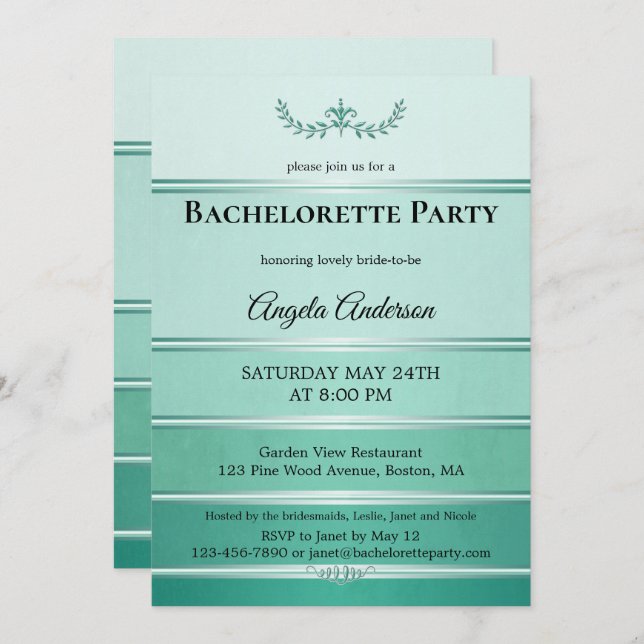 Invitation Chic ton vert sur ton rayé Bachelorette (Devant / Derrière)
