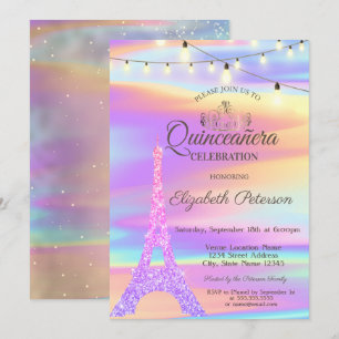 Invitation Chic Tour Eiffel pailleté holographique Quinceañer