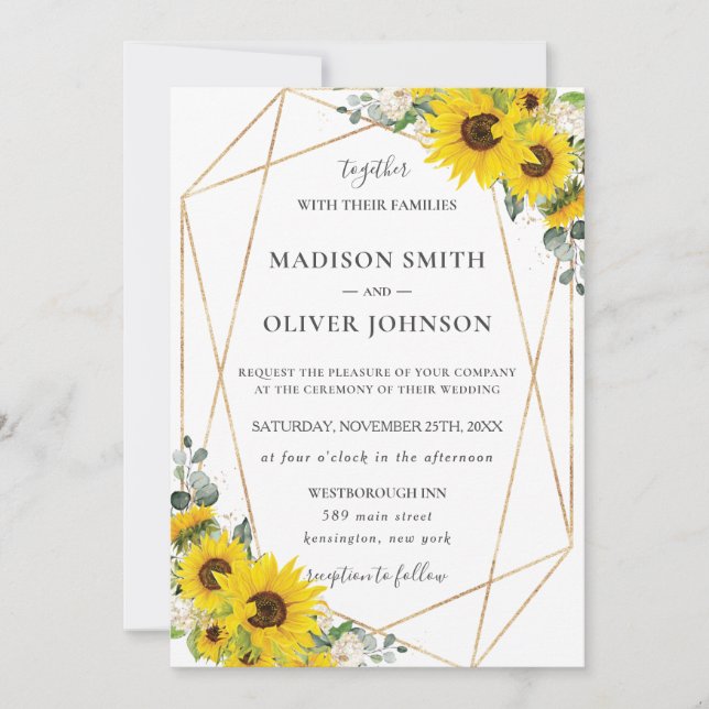 Invitation Chic tournesol floral or Mariage géométrique (Devant)