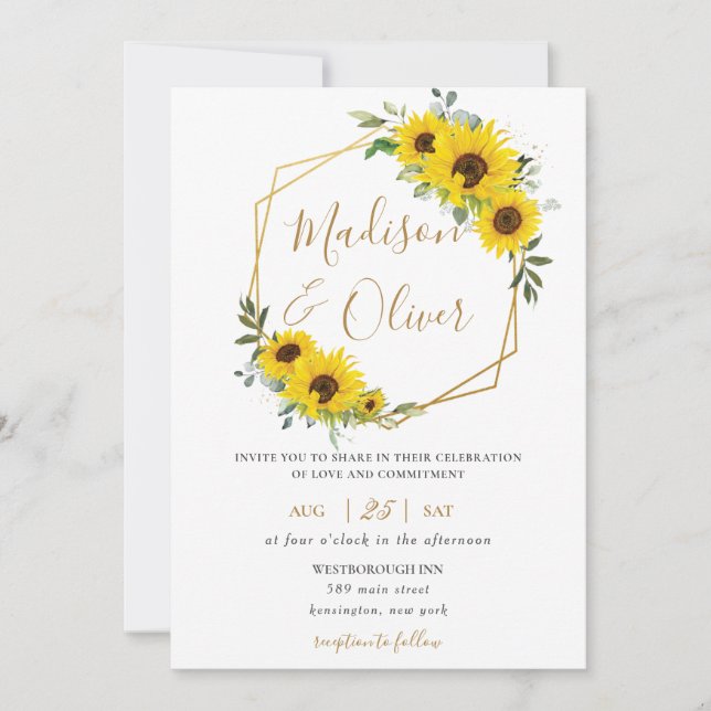 Invitation Chic tournesol floral or Mariage géométrique (Devant)