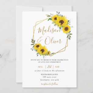 Invitation Chic tournesol floral or Mariage géométrique