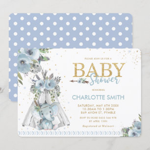 Invitation Chic Tribal Blue Floral Elephant Baby shower garço