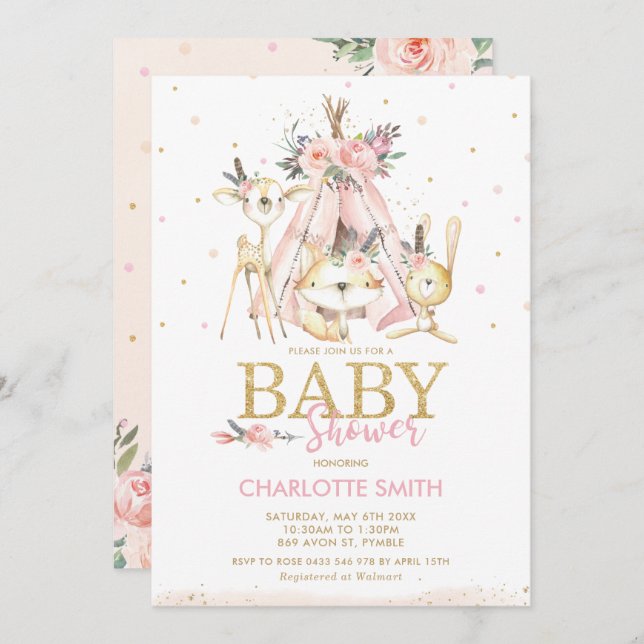 Invitation Chic tribal Woodland Animals Baby shower de filles (Devant / Derrière)