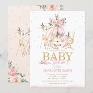 Invitation Chic tribal Woodland Animals Baby shower de filles