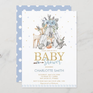 Invitation Chic Tribal Woodland Animals Blue Boy Baby shower