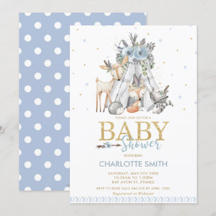 Invitation Chic Tribal Woodland Animaux Blue Boy Baby shower