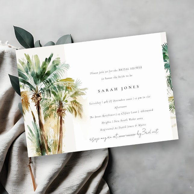Invitation Chic Tropical Aquarelle Palm Trees Fête des mariée (Créateur téléchargé)