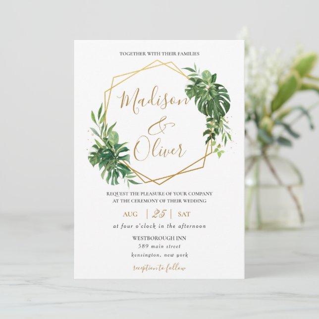 Invitation Chic Tropical Greenery Gold Mariage géométrique (Debout devant)