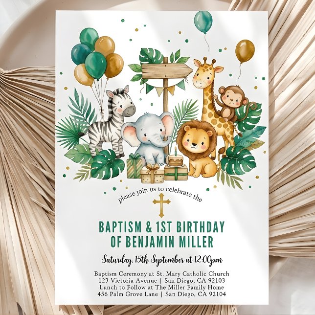 Invitation Chic Tropical Safari Jungle Baptism 1st Birthday (Chic Tropical Safari Jungle Baptism 1st Birthday Invitation)