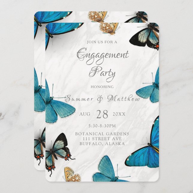 Invitation Chic Turquoise Bleu Peint Papillon Partie d'engage (Devant / Derrière)