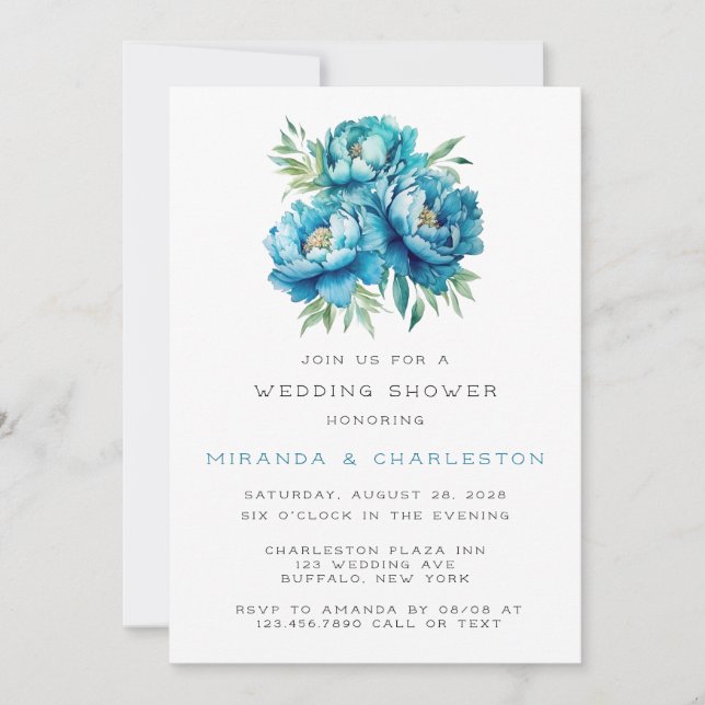 Invitation Chic Turquoise bleu pivoine Wedding shower (Devant)