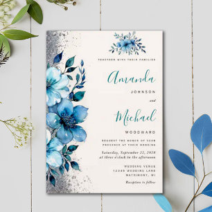Invitation Chic Turquoise Floral Automne Mariage d'hiver