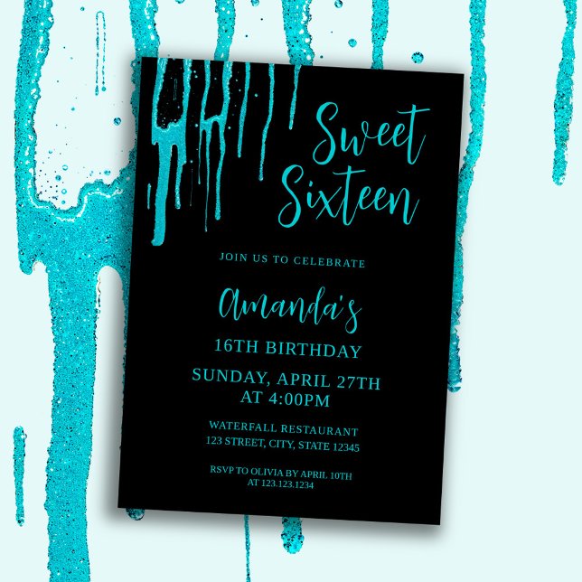 Invitation Chic Turquoise Parties scintillant Drips Sweet 16  (Créateur téléchargé)
