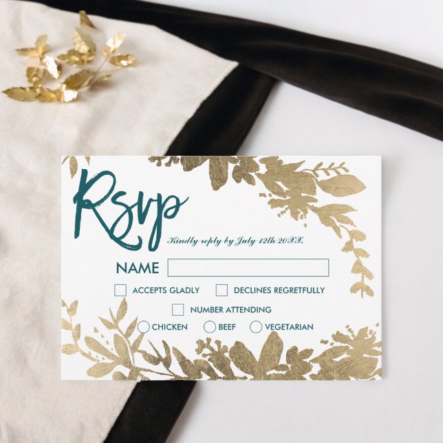 Invitation Chic turquoise script Floral feuille or rsvp maria (Chic teal script Floral gold leaf rsvp wedding Invitation)