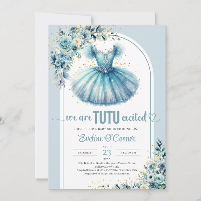 Invitation Chic tutu turquoise robe brillant or fleuri (Devant)