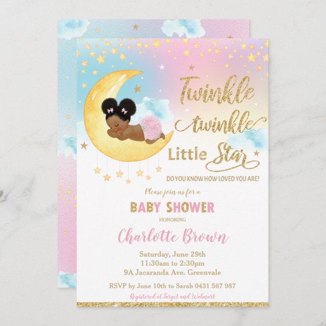 Invitation Chic Twinkle Little Star African Girl Baby shower (Devant / Derrière)